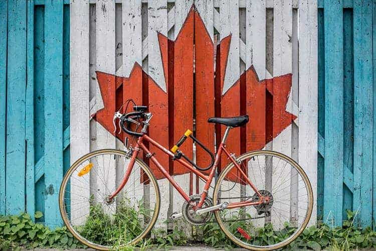 Bike against wall with Canadian maple leaf